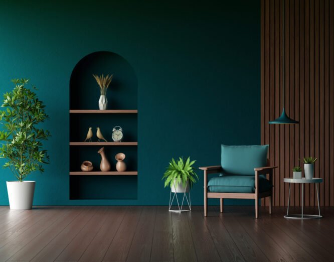 Armchair in green living room interior with copy space for mock up, 3D rendering